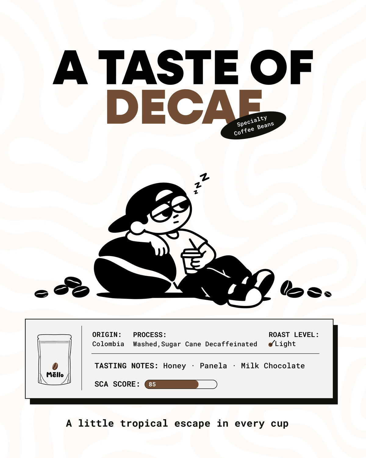 A taste of Decaf: Colombia, washed and sugarcane decaffeinated, light roast, SCA score 85