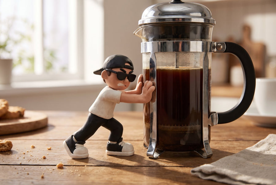Clay Mello pushing down a French press