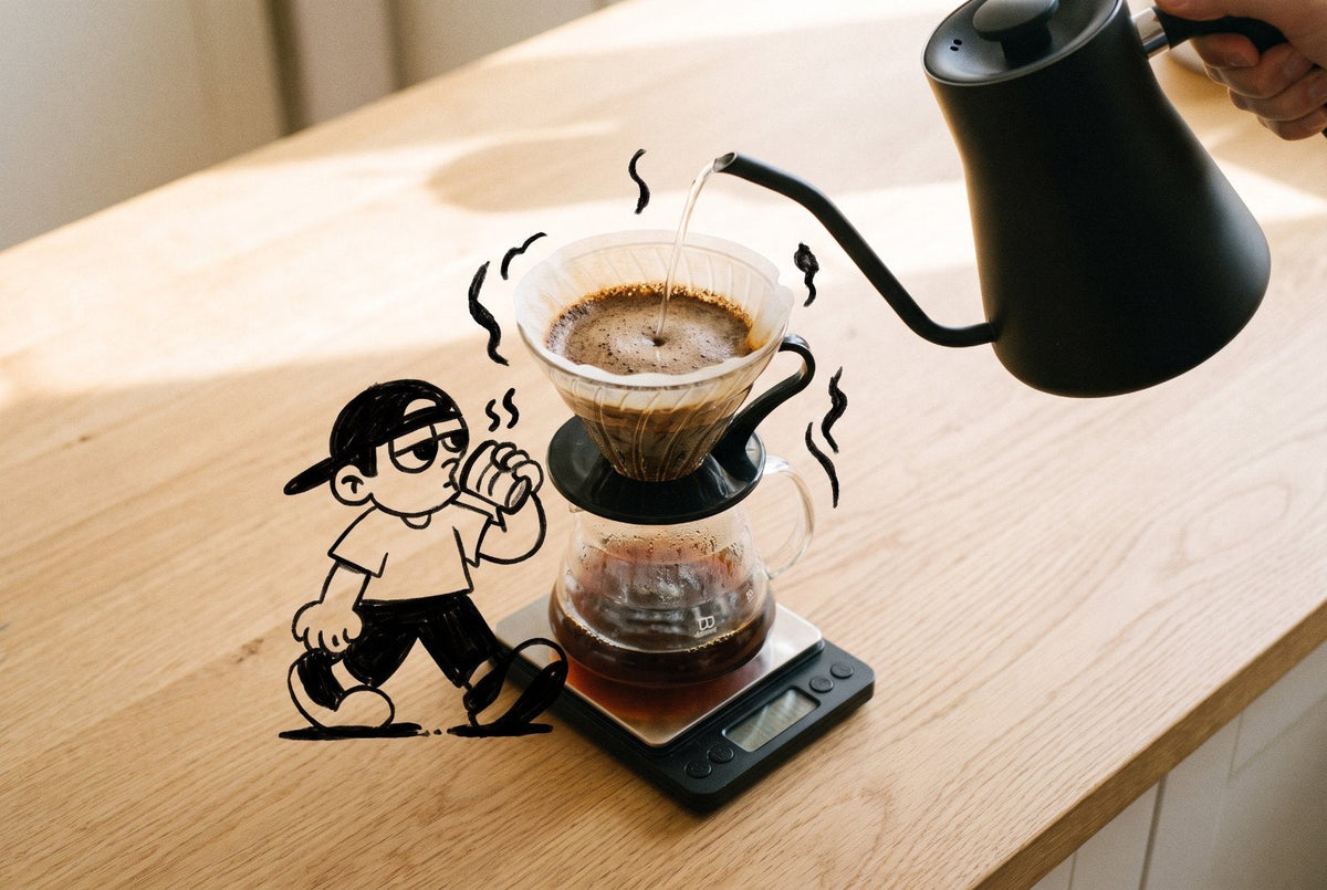 Pour-over V60 brewing with ink-drawn Mello sipping beside it