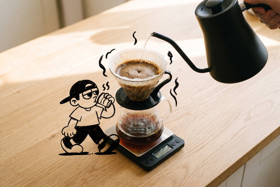 Pour-over V60 brewing with ink-drawn Mello sipping beside it