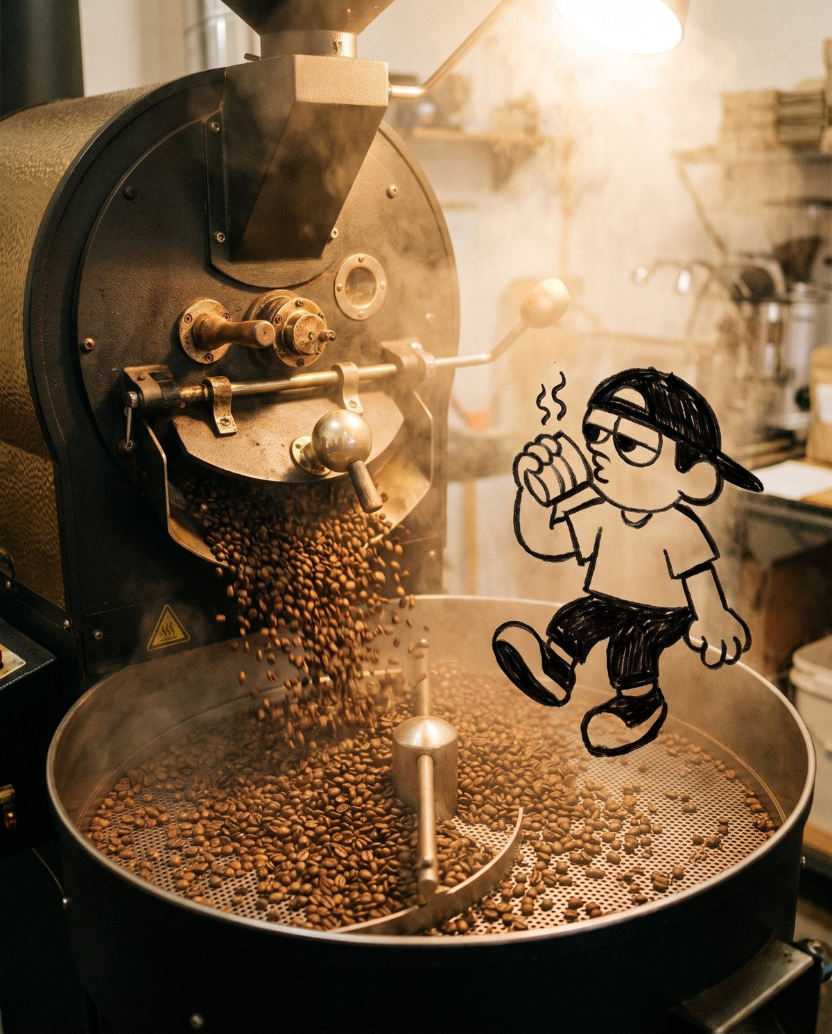 Ink-drawn Mello sitting on the cooling tray of a drum roaster