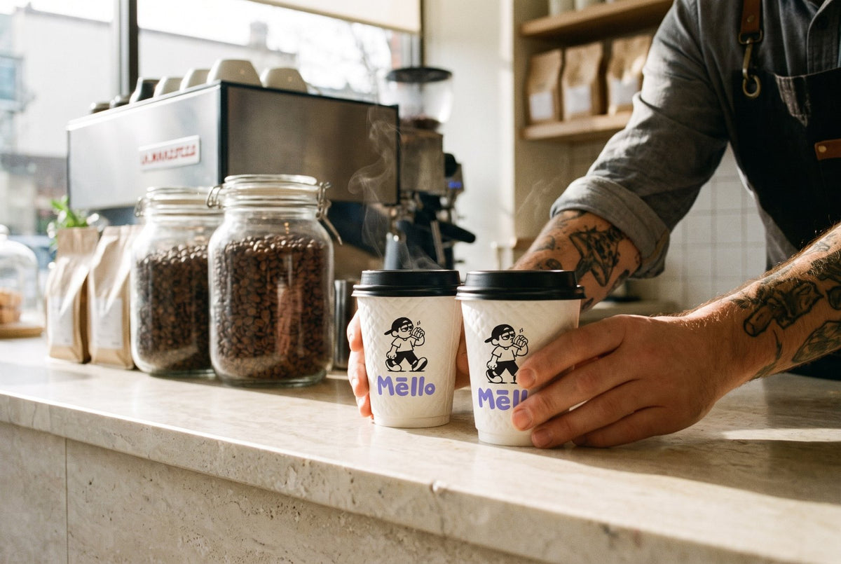 Barista handing over two Mello takeaway cups at a café counter