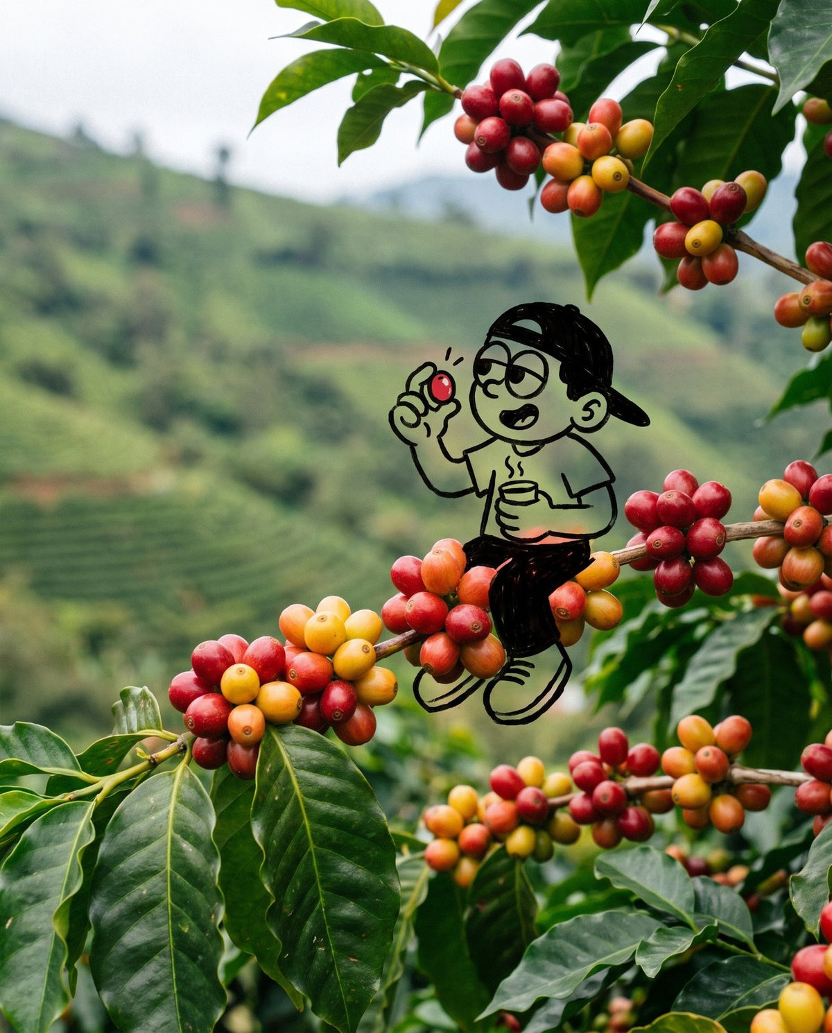 Ink-drawn Mello sitting among ripe coffee cherries on a hillside farm