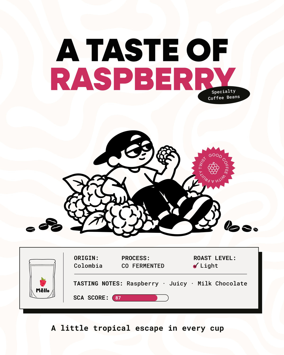A taste of Raspberry: Colombia, co-fermented, light roast, SCA score 87